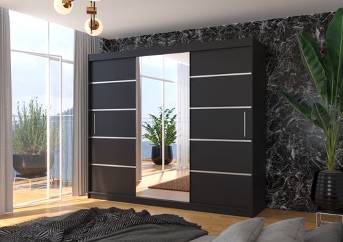 Grande armoire de chambre à coucher 3 portes coulissantes noir et alu avec miroir Cindy 250 cm - Photo n°2; ?>