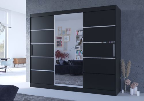 Grande armoire de chambre à coucher 3 portes coulissantes noir et alu avec miroir Cindy 250 cm - Photo n°3; ?>