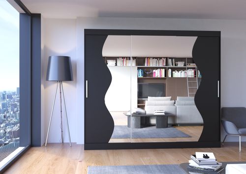 Grande armoire de chambre à coucher 3 portes coulissantes noir et miroir biseauté Kola 250 cm - Photo n°2; ?>