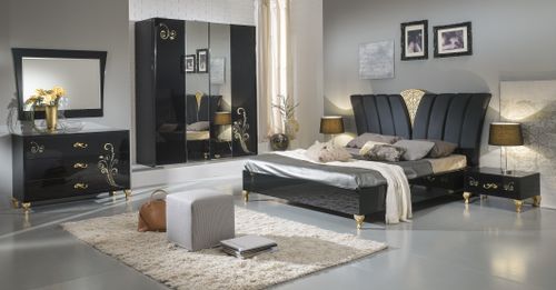 Grande armoire de chambre design 3 portes coulissantes bois laqué noir et doré Jade 270 cm - Photo n°3; ?>