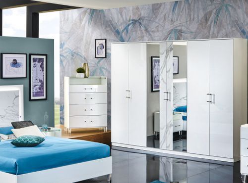 Grande armoire de chambre design 6 portes battantes bois blanc laqué et effet marbre Krystal 270 cm - Photo n°2; ?>