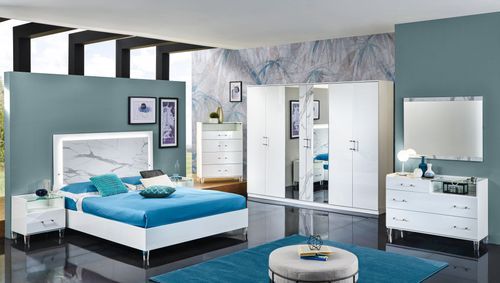 Grande armoire de chambre design 6 portes battantes bois blanc laqué et effet marbre Krystal 270 cm - Photo n°3; ?>