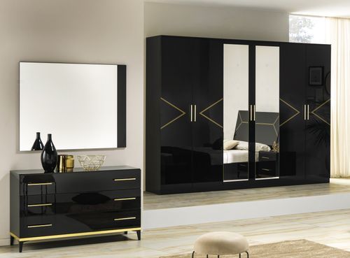 Grande armoire de chambre design 6 portes battantes bois noir laqué et métal doré Diamanto 270 cm - Photo n°2; ?>