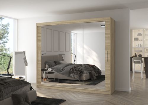 Grande armoire de chambre moderne 3 portes coulissantes bois clair et miroir Douko 250 cm - Photo n°2; ?>