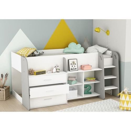 HAPPY Lit combiné junior 90x200 cm - Blanc Mat et gris clair - L 203,4 x H 97,8 x P 120,5 cm - Photo n°2; ?>