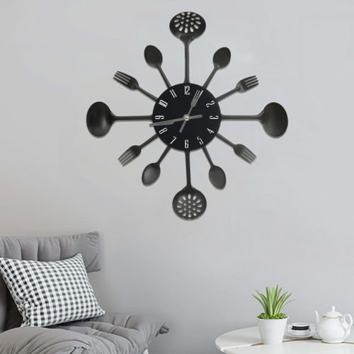 Horloge murale et cuillère avec fourchette Noir 40 cm Aluminium - Photo n°2; ?>