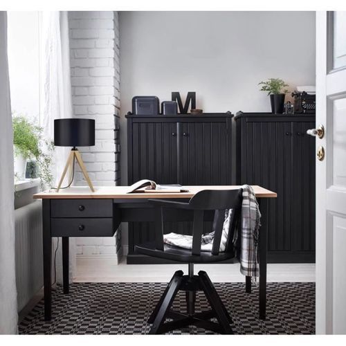 IDUN Lampe a poser en bois naturel - Ø30 x H.56 cm - Abat-jour cylindrique noir - E27 60W - Photo n°2; ?>