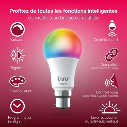INNR Ampoule connectée B22 - ZigBee 3.0 - Pack de 2 ampoules Multicolor + Blanc réglable - 1800K a 5600K Intensité réglable. - Photo n°2; ?>