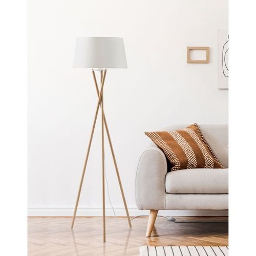 INTERNATIONAL DESIGN Lampadaire Maud tripode - Tissu pied bois - Blanc - Photo n°2; ?>