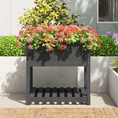 Jardinière avec étagère Gris 82,5x82,5x81 cm Bois massif de pin - Photo n°3; ?>