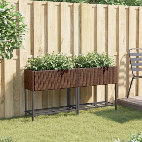 Jardinières avec étagère 2 pcs brun 70x28x70 cm résine tressée - Photo n°3; ?>