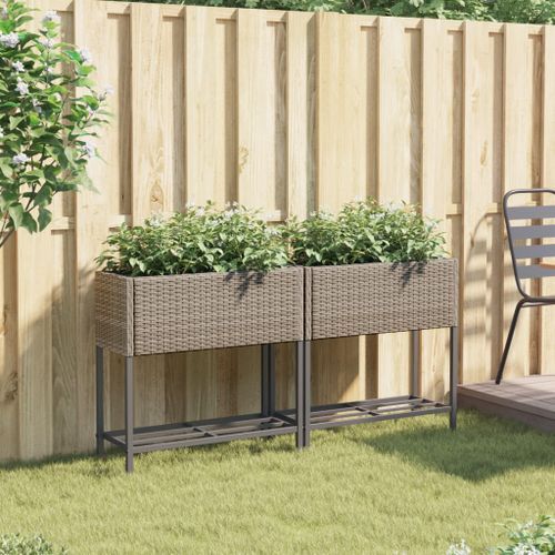 Jardinières avec étagère 2 pcs gris 70x28x70 cm résine tressée - Photo n°3; ?>