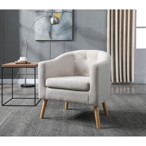 JOYCE Fauteuil pieds bois Hévéa massif - Tissu effet feutrine - Coloris lin - Scandinave - L 70 x P 64 cm - Photo n°3; ?>