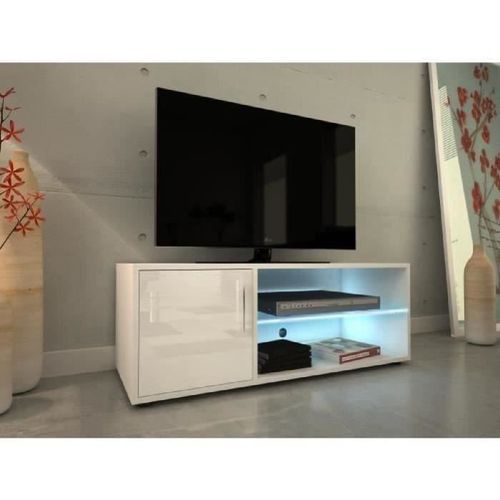 KORA Meuble TV contemporain avec éclairage LED laqué blanc - L 100 cm - Photo n°2; ?>