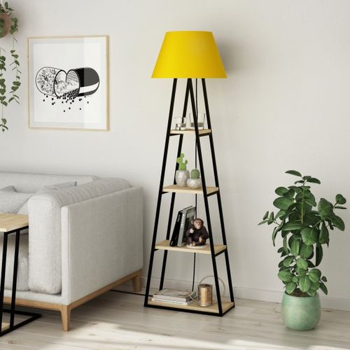 Lampadaire 4 étagères tissu jaune et bois anthracite et Chêne clair Kasper 165 cm - Photo n°2; ?>