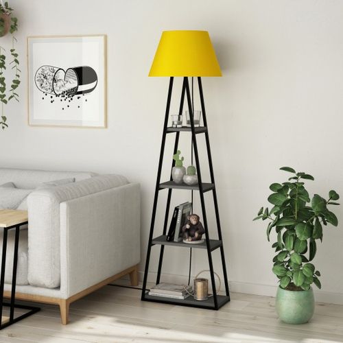 Lampadaire 4 étagères tissu jaune et bois anthracite Kasper 165 cm - Photo n°2; ?>