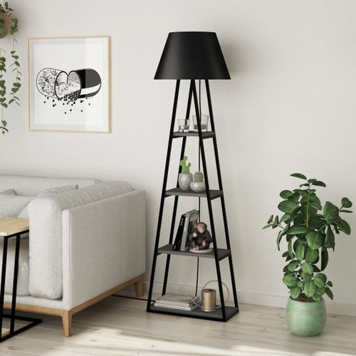Lampadaire 4 étagères tissu noir et bois anthracite Kasper 165 cm - Photo n°2; ?>