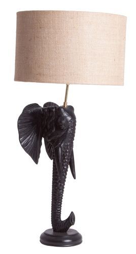 Lampe de table tissu beige et pied teck massif noir Elefantoo - Photo n°2; ?>