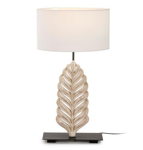 Lampe de table tissu blanc et pied bois massif blanc Enora - Photo n°2; ?>