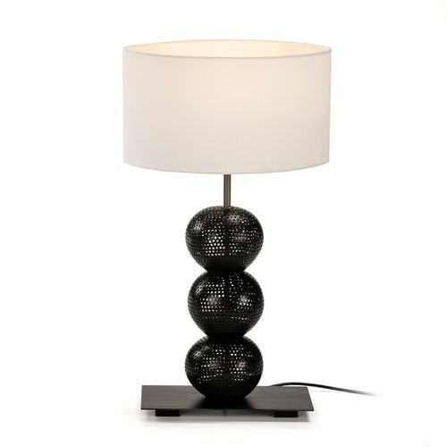 Lampe de table tissu blanc et pied coco noir Palim - Photo n°2; ?>