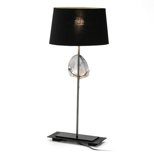 Lampe de table tissu noir et pied métal nacre Cinar abat-jour 30 cm - Photo n°3; ?>