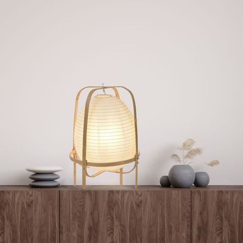 Lampe forme lanterne - Papier japonais et bambou - H 40 x Ø 30 cm - Blanc - Photo n°3; ?>