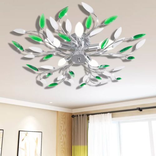 Lampe plafond verte et blanche avec bras crystal pour 5 Ampoules E14 - Photo n°2; ?>