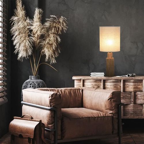 Lampe Santal - Céramique et lin - Rétro années 70 - Cylindre - E27 - Ø25 cm - Brun - Photo n°2; ?>