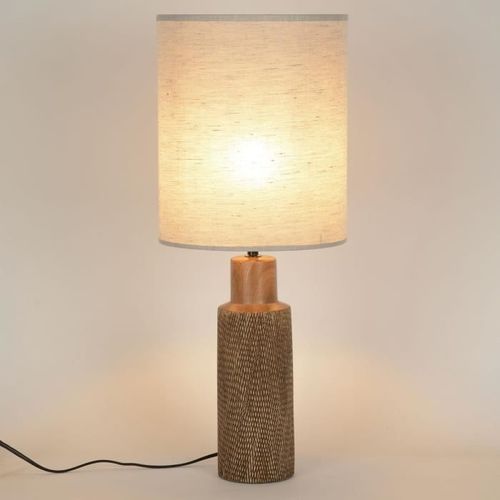 Lampe Santal - Céramique et lin - Rétro années 70 - Cylindre - E27 - Ø25 cm - Brun - Photo n°3; ?>