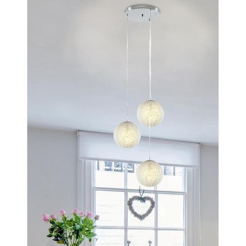 Lampe suspension 3 globes rotin blanc Seilie - Photo n°2; ?>