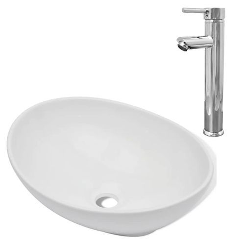 Lavabo de salle de bain avec mitigeur Céramique Ovale Blanc 2 - Photo n°2; ?>