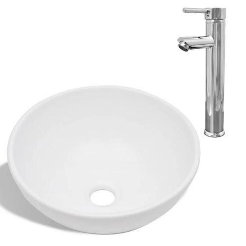 Lavabo de salle de bain avec mitigeur Céramique Rond Blanc 2 - Photo n°2; ?>