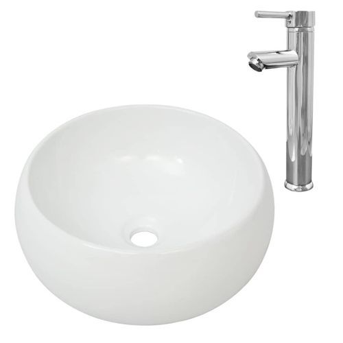 Lavabo de salle de bain avec mitigeur Céramique Rond Blanc - Photo n°2; ?>