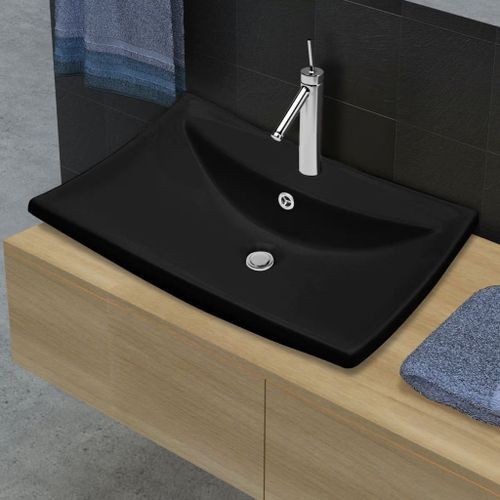 Lavabo rectangulaire en céramique noir de luxe avec trop-plein et trou - Photo n°3; ?>