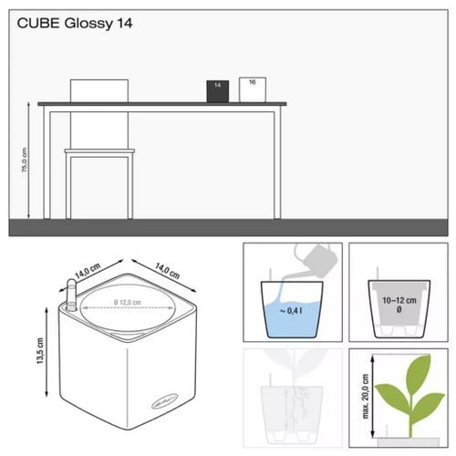 LECHUZA Jardinière de table CUBE Glossy CAT 14 ALL-IN-ONE Blanc - Photo n°2; ?>