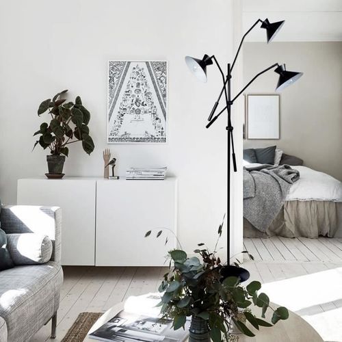 LEEDS Lampadaire en acier 3 lumieres - Abat-jour Conique en acier - 90 x 90 x H190 cm - Noir et blanc - E27 - Photo n°2; ?>