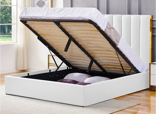 Lit 160x200 cm avec coffre de rangement et tête de lit simili blanc et laiton Pika - Photo n°2; ?>