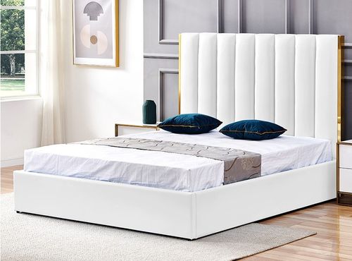 Lit 160x200 cm avec coffre de rangement et tête de lit simili blanc et laiton Pika - Photo n°3; ?>