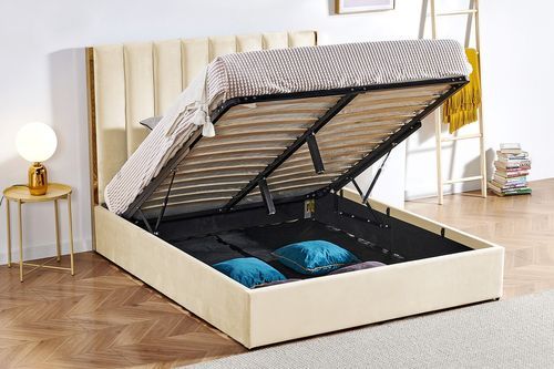 Lit 160x200 cm avec coffre de rangement et tête de lit velours beige et laiton Pika - Photo n°3; ?>