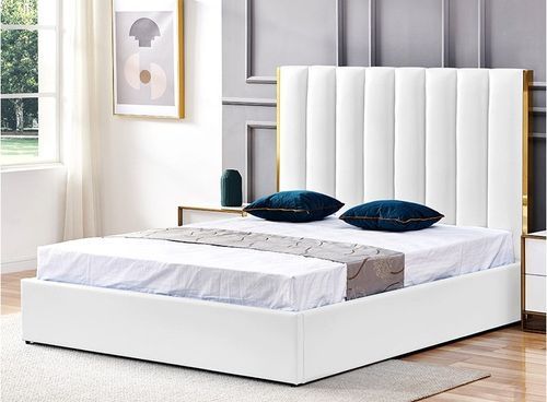 Lit 180x200 cm avec coffre de rangement et tête de lit simili blanc et laiton Pika - Photo n°3; ?>