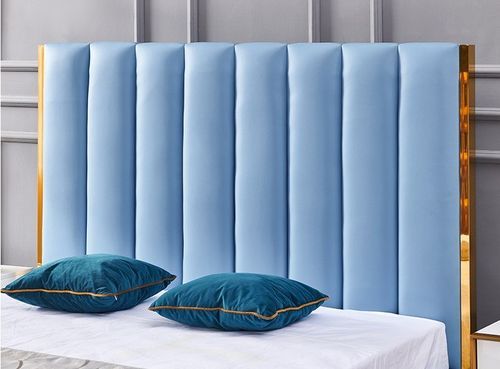 Lit 180x200 cm avec coffre de rangement et tête de lit simili bleu et laiton Pika - Photo n°3; ?>