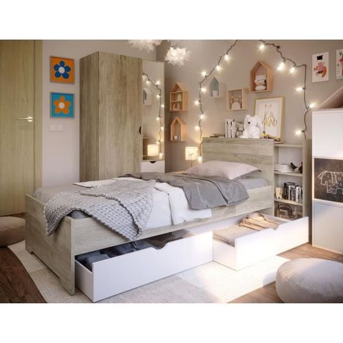 Lit 90x200 avec 2 tiroirs - Décor chene et blanc - L 99,2 x P 223,7 x H 90 cm - AUSTIN - Photo n°3; ?>