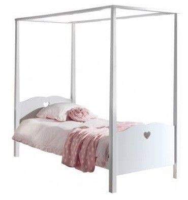 Lit à baldaquin 90x200 cm avec sommier et voile bois laqué blanc Cœur - Photo n°2; ?>