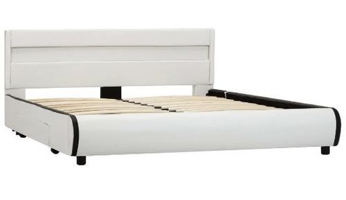 Lit à LED 2 tiroirs simili cuir blanc et pieds bois massif noir Nyam 160x200 cm - Photo n°3; ?>