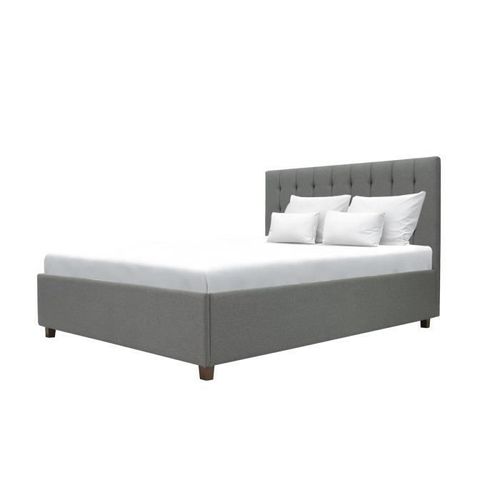 Lit adulte 140 x 190 cm + coffre de rangement - Tissu imitation lin gris clair - Sommier inclus - EMILY - Photo n°3; ?>