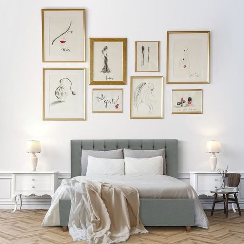 Lit adulte 140 x 190 cm + coffre de rangement - Tissu imitation lin gris clair - Sommier inclus - EMILY - Photo n°2; ?>