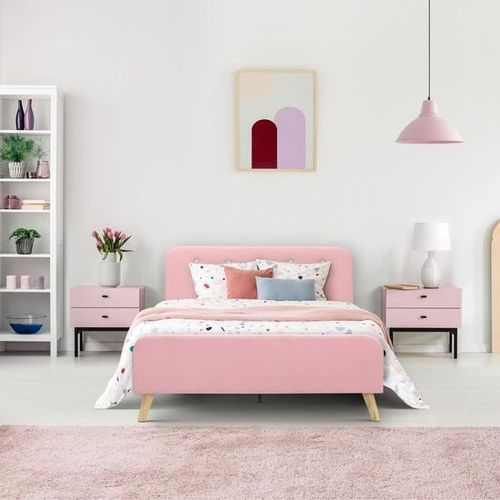 Lit adulte 140 x 190 cm - Tissu imitation lin rose et boutons roses - Sommier inclus - ASHBY - Photo n°2; ?>