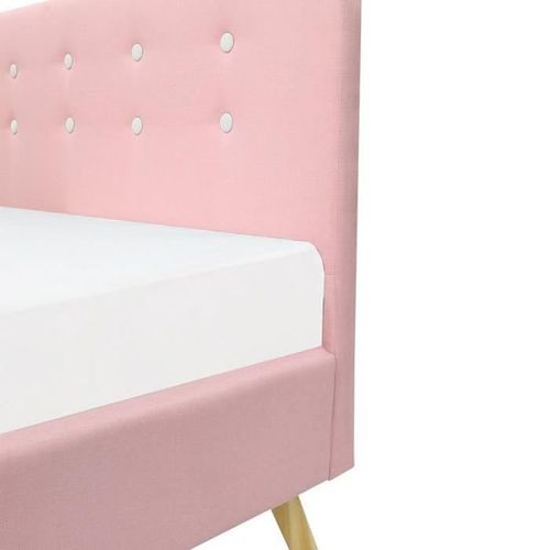 Lit adulte 140 x 190 cm - Tissu imitation lin rose et boutons roses - Sommier inclus - ASHBY - Photo n°3; ?>