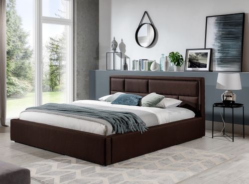 Lit avec coffre tissu marron tête de lit capitonnée Lenzo - Photo n°2; ?>