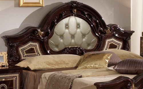 Lit baroque laqué acajou tête de lit capitonnée simili cuir beige Soraya 160x200 cm - Photo n°3; ?>